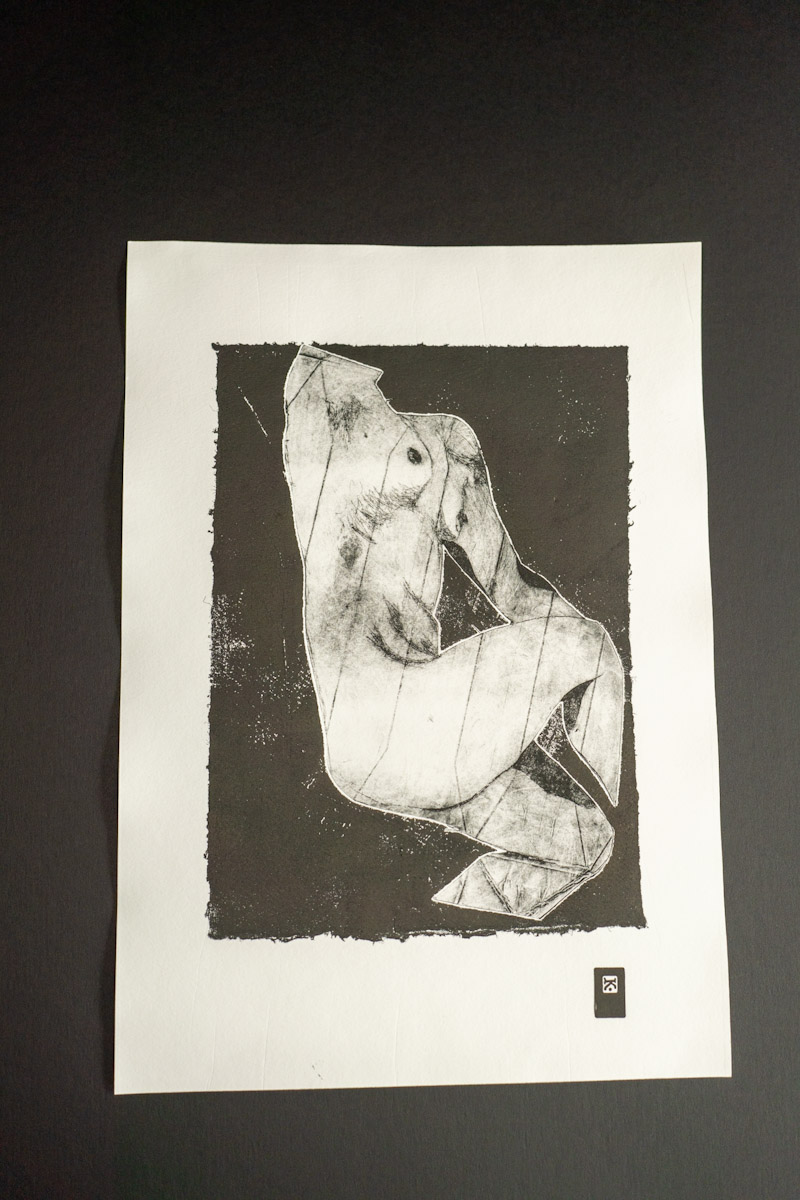 Torso intaglio and pochoir print by Kate Roy, Ōtautahi Christchurch, 2025