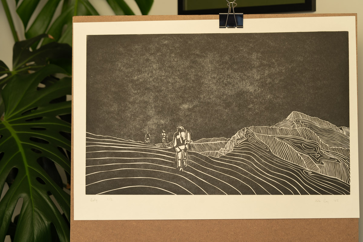 Mount Rolleston, relief print by Kate Roy, Ōtautahi Christchurch, 2025