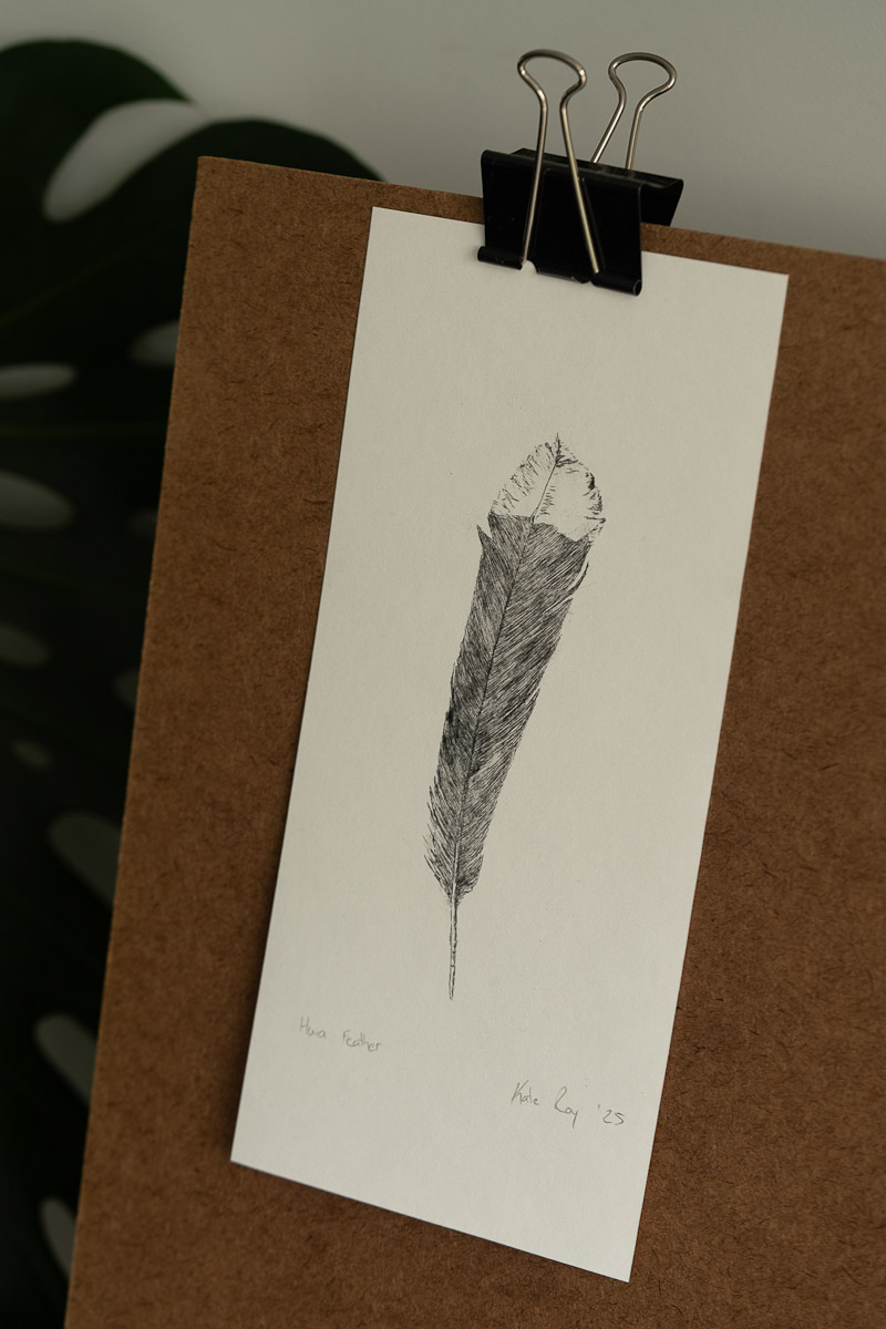 Huia Feather intaglio print by Kate Roy, Ōtautahi Christchurch, 2025